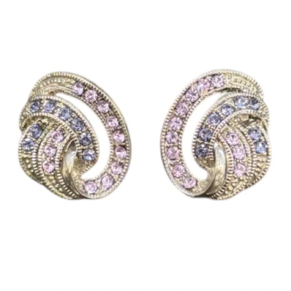 Vintage Earrings Sparkling Pink Purple Crystal Cubic Zirconia Formal Swirl Knot - Picture 5 of 16